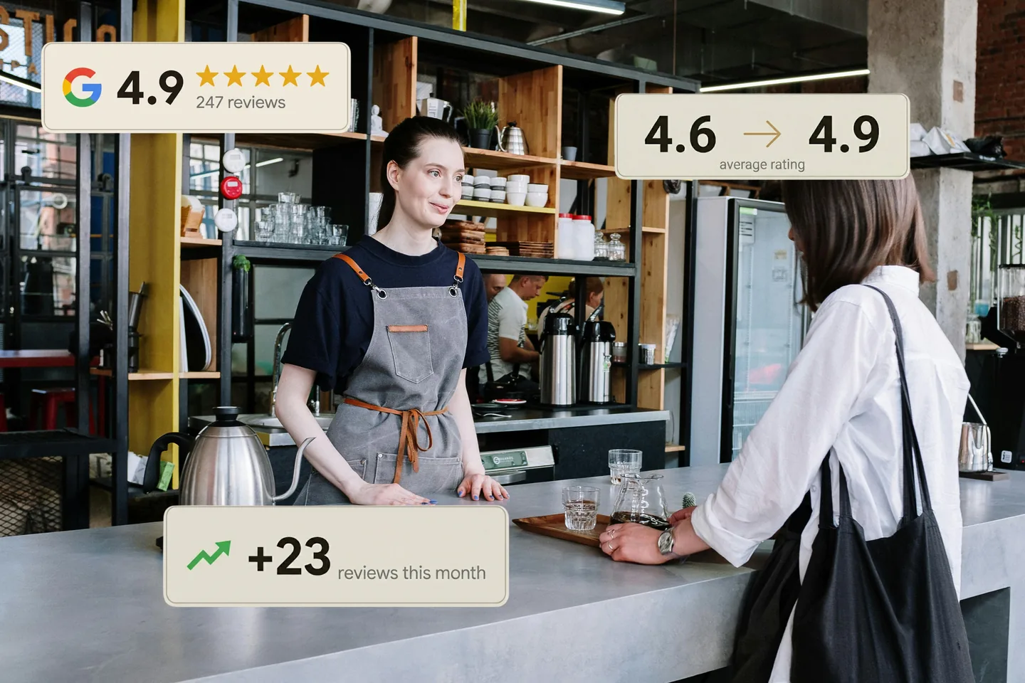 NFC tap-to-review card on a cafe table prompting a Google review